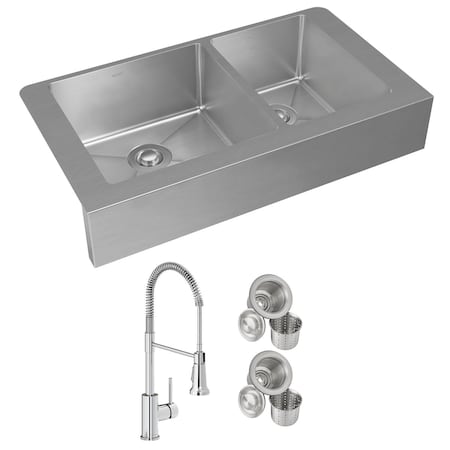 Elkay 18 Gauge SS 35-7/8" x 20-1/4" x 9" 60/40 Dbl Bowl Farmhouse Sink and Faucet Kit with Drain ECTRUF32179RFCC